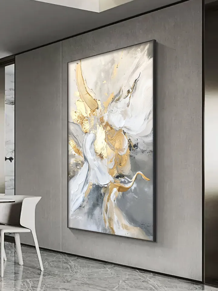 Hand-Painted Abstract Oil Painting | Modern Wall Art with Gold and Gray Accents | Elegant White and Silver Home Decor for Living Room