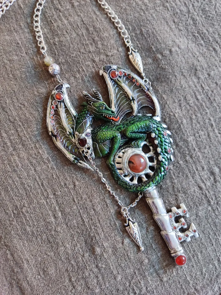 Dragon and Key Necklace, Fantasy Dragon Pendant, Green Dragon Necklace, Magic Drago