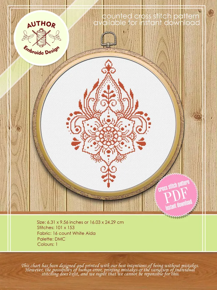 Flower cross stitch pattern download PDF, Monochrome mandala cross stitch chart, Modern beginner stitch, Floral ornament embroidery PDF #M55