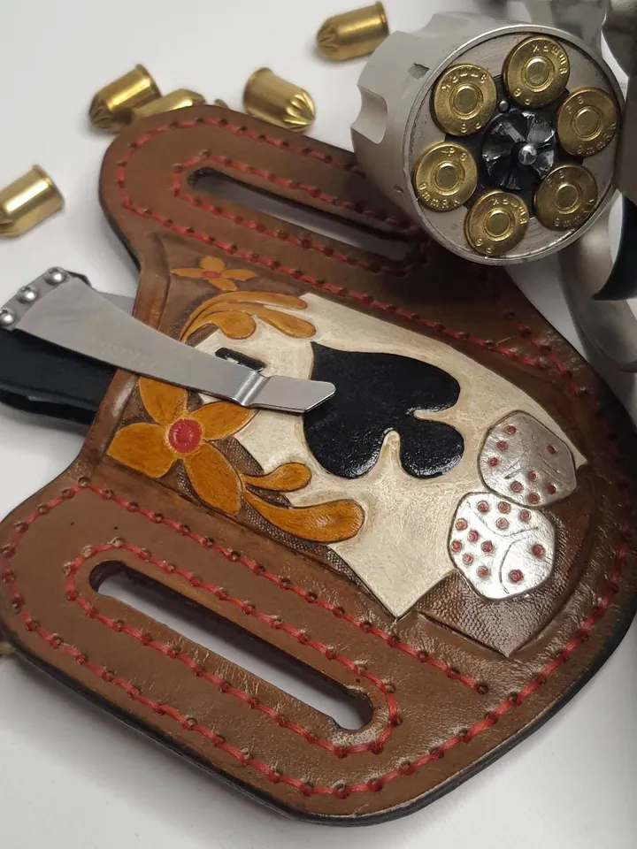 Pancake sheath, Buck 110, leather case, hand tooled, leather painted, Leather Pancake style sheath, folding knife, unique sheath