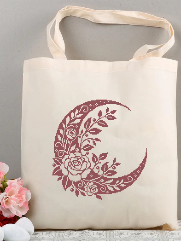 Crescent moon and flowers cross stitch pattern PDF download Floral moon cross stitch chart, Moon pattern digital PDF, Moon embroidery #P50