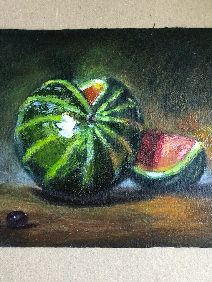 Watermelon original oil painting wall art 7x8 inches