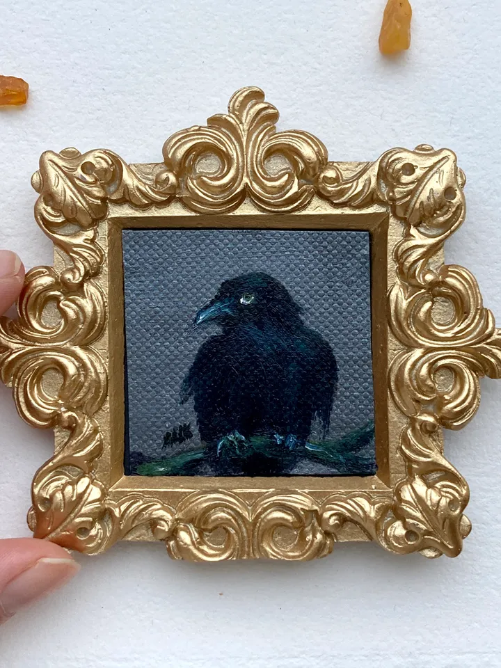 Framed Raven Painting Small Original Witch’s Friend Artwork Crow Art Tiny Oil Painting Bird