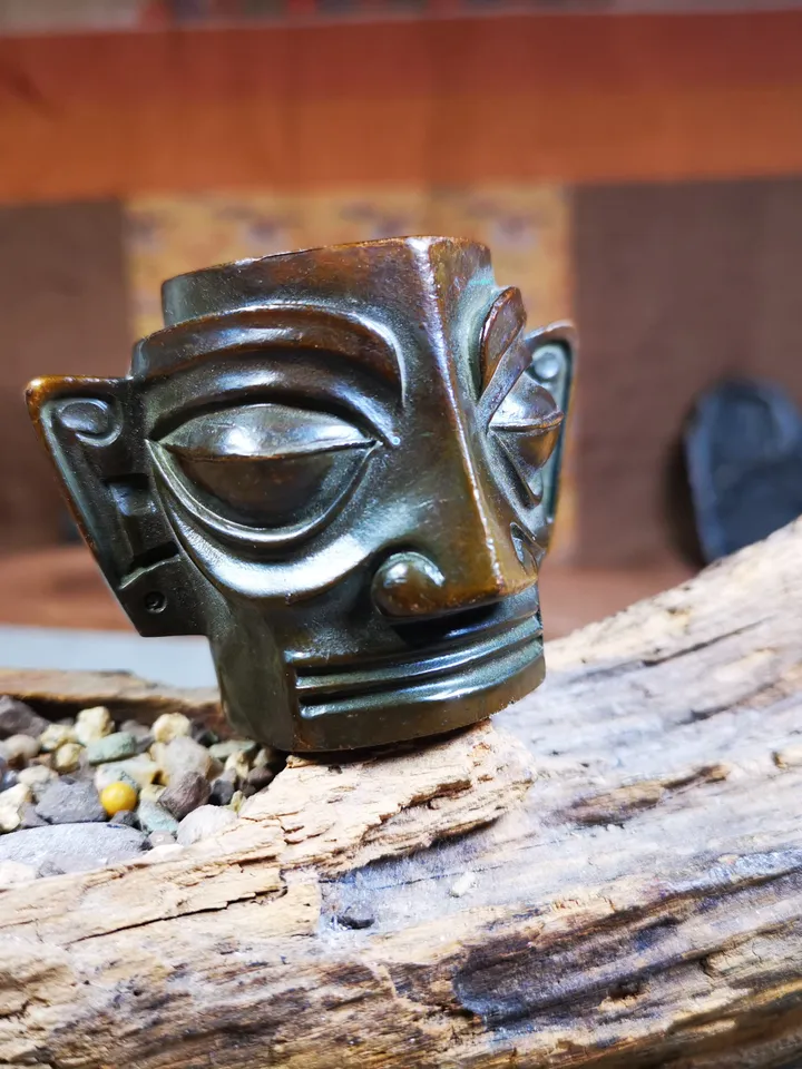 Gandhanra Replica Bronze Head Mask from Sanxingdui Ruins,4.7cm Height,Made of Red Copper,40 Years Old