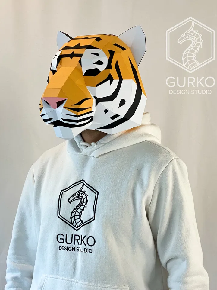 Tiger Mask Papercraft, Cat, Digital Template, PDF Download, Gurko, 3D Low Poly Animal Mask, DIY Origami, Pepakura, Paper Mask, DIY Costume