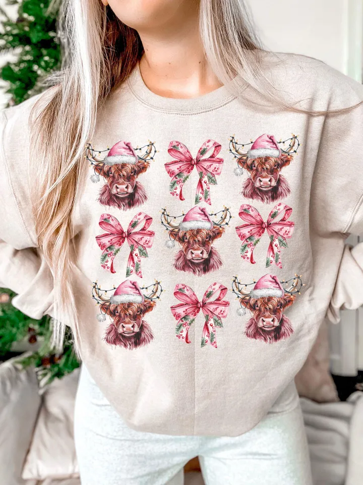 Highland Cow png,Christmas Lights PNG,Farm Animal Christmas PNG,Farmer Christmas png, Western png, Christmas png, pink country Christmas png