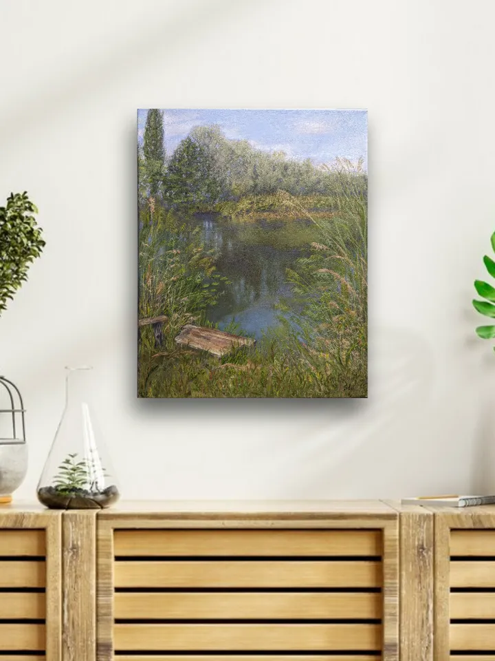 Summer landscape oil painting with a river, green grass and trees, with a small bridge, canvas 16x12 inches