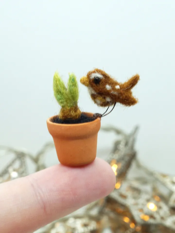 Tiny needle felted wren on a ceramic pot, miniature bird, made to order