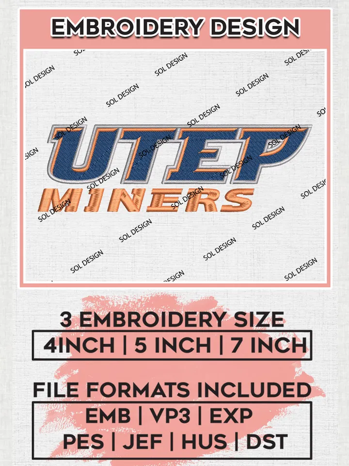 NCAA UTEP Miners Team Wordmark Logo Embroidery Design Files, NCAA UTEP Miners Machine Embroidery, NCAA Teams, Game Day, 3 sizes, NCAA Machine embroidery designs, Digital Download