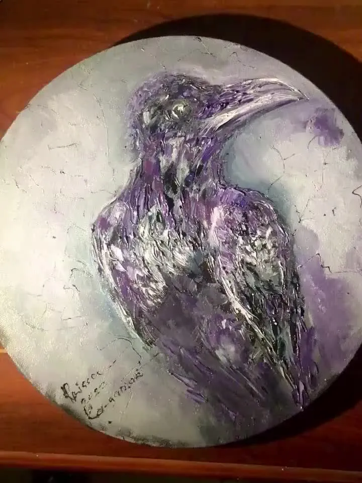 Raven original oil impasto style painting on round canvas,wall hanging,animals oil painting,birds paintings,unique handmade gift home decor.
