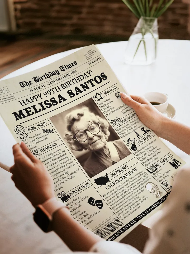 99th birthday gift for her, 99th birthday newspaper poster, 1925 birthday poster, grandma birthday gift, birthday gift for grandma
