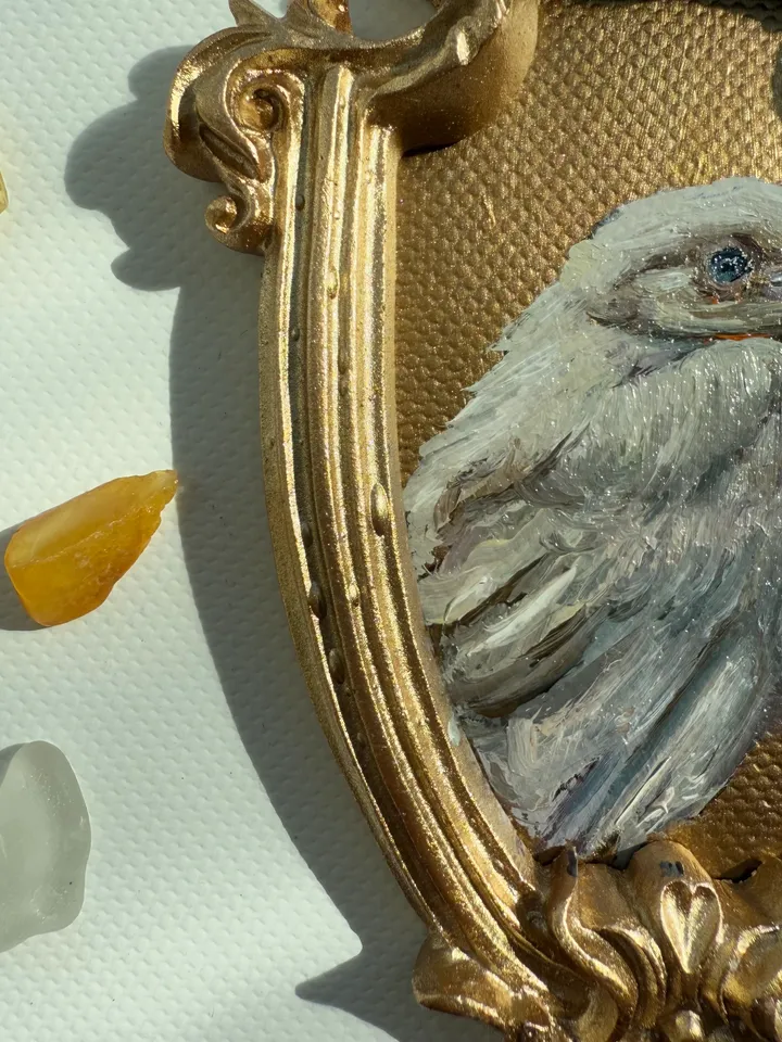 Framed Albino Raven Painting Small Original Witch’s Friend Artwork Crow Art Tiny Oil Painting Bird
