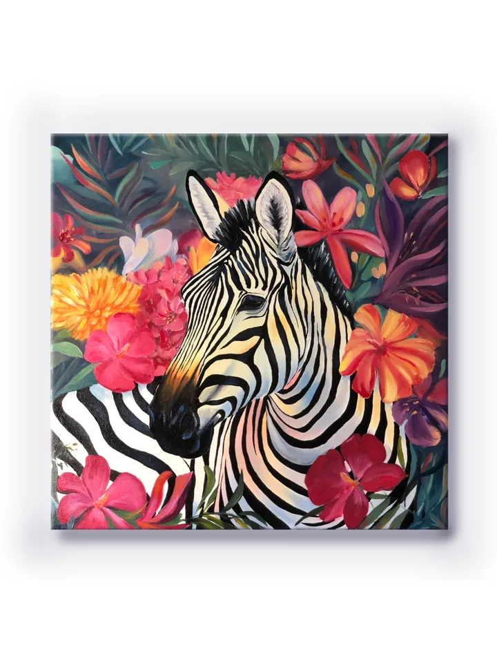 Zebra Painting Animal Original Artwork Floral Oil Art