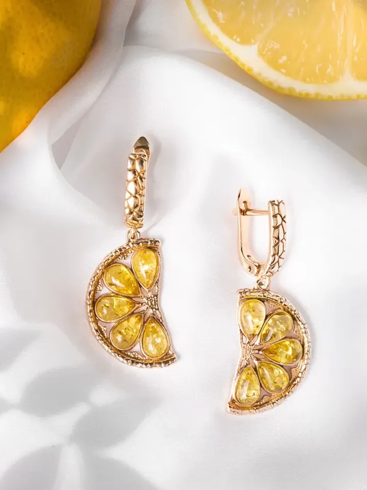 Jewelry earrings Lemons with natural lemon amber made of 925 silver