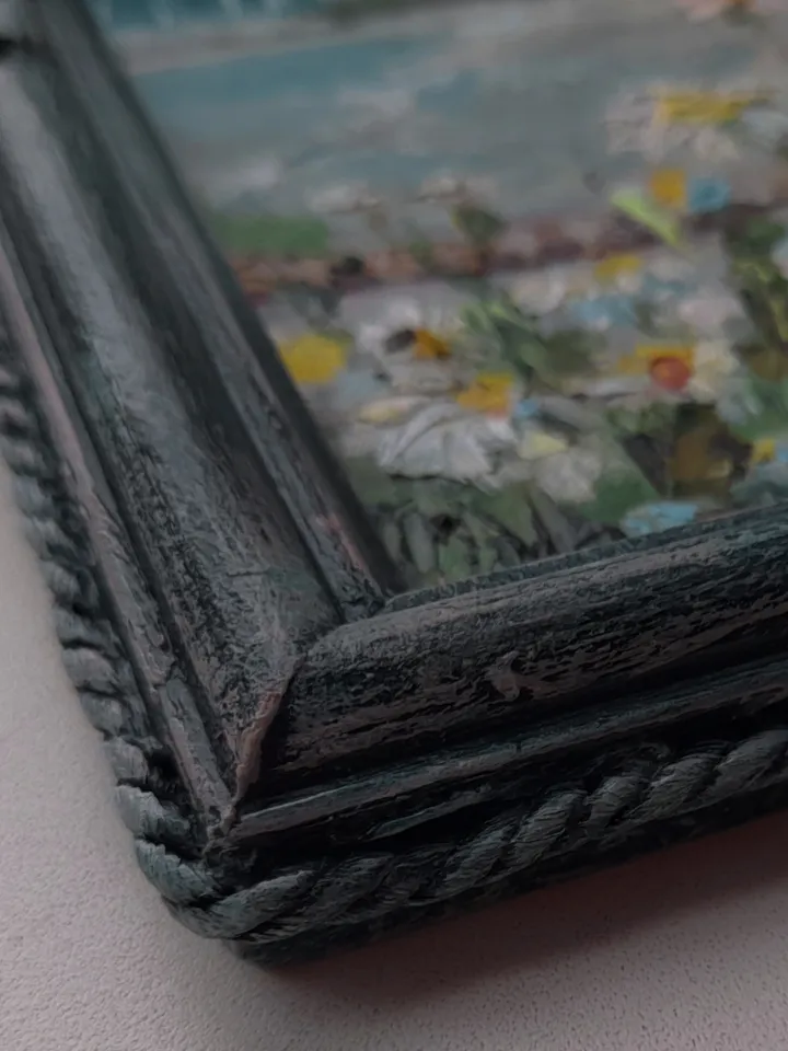 Oil painting on cardboard Before the storm. Painting in a decorative frame