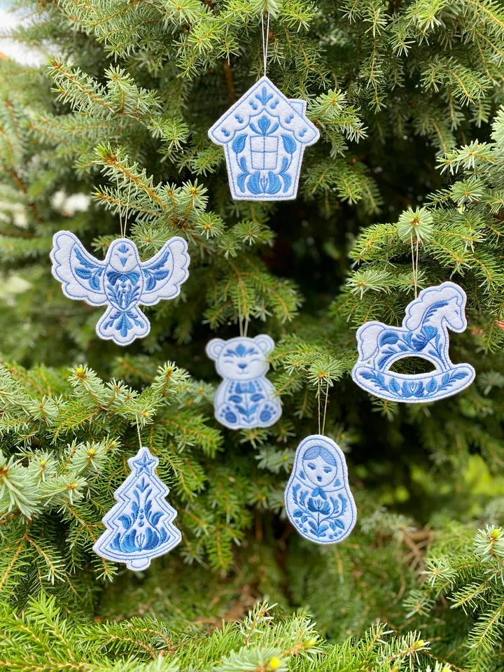 New Year's set of designs of six Christmas tree toys in the style of "Gzhel"
