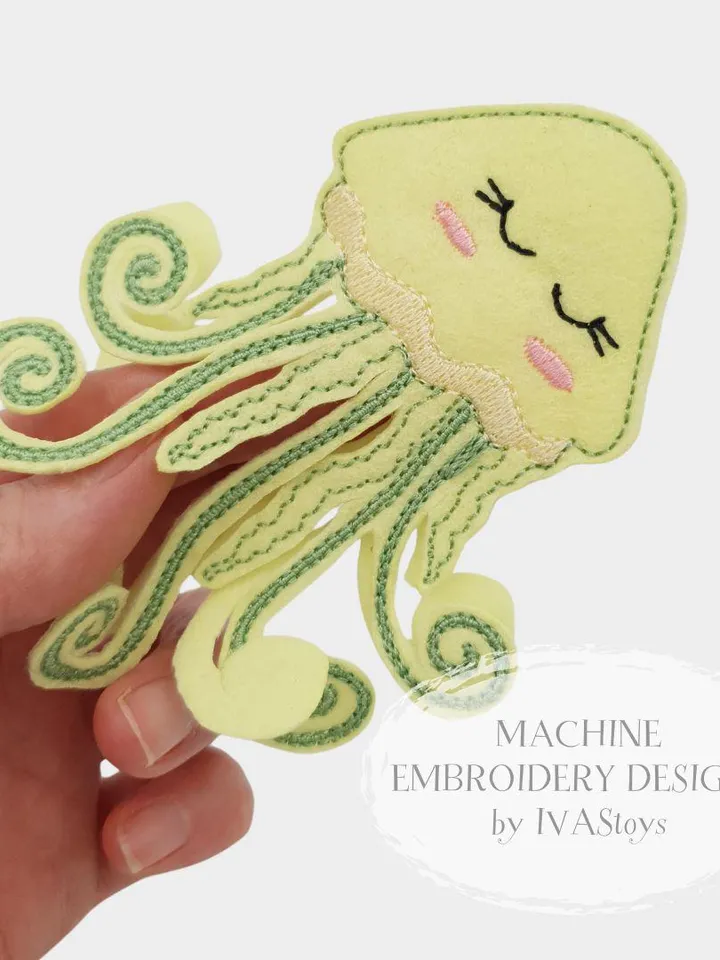 Jellyfish Finger Puppets ITH Embroidery Design Set (4 pcs), Cute Ocean Animals Felt Puppet Pattern, Sea Life Toy Digital File
