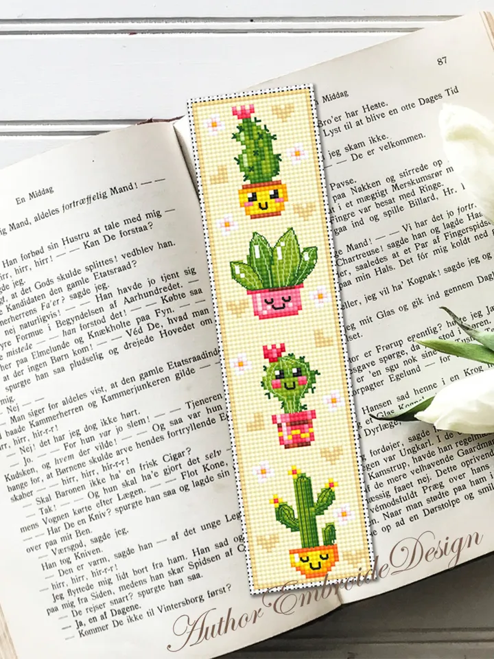 Cactus bookmark cross stitch pattern PDF download Kawaii cactus cross stitch chart, Floral bookmark pattern digital PDF, Potted plants #B341