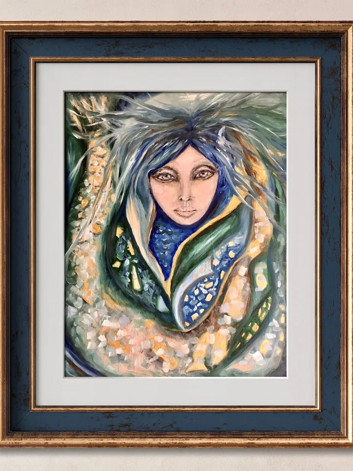 Blue nimpth-Mermaid original oil painting on canvas,one of a kind blue water nimph painting ,seamaid wall art,fantasy woman painting.