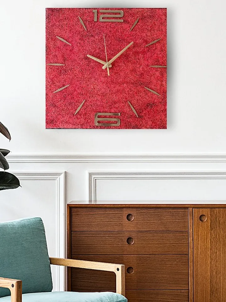 Red stone wall clock Modern square wall clock Golden numbers Silent luxury clock