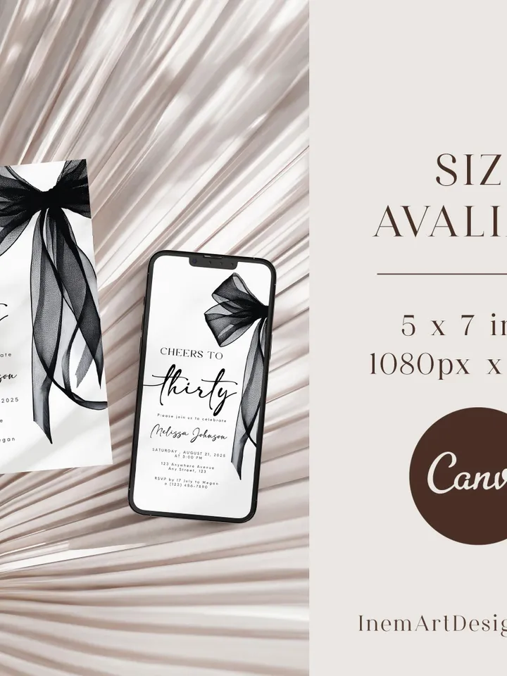 Coquette Black Bow 30th Invitation, Editable Thirtieth Birthday Party Invite, DIY Digital Black Ribbon, Cheers to Thirty Invite