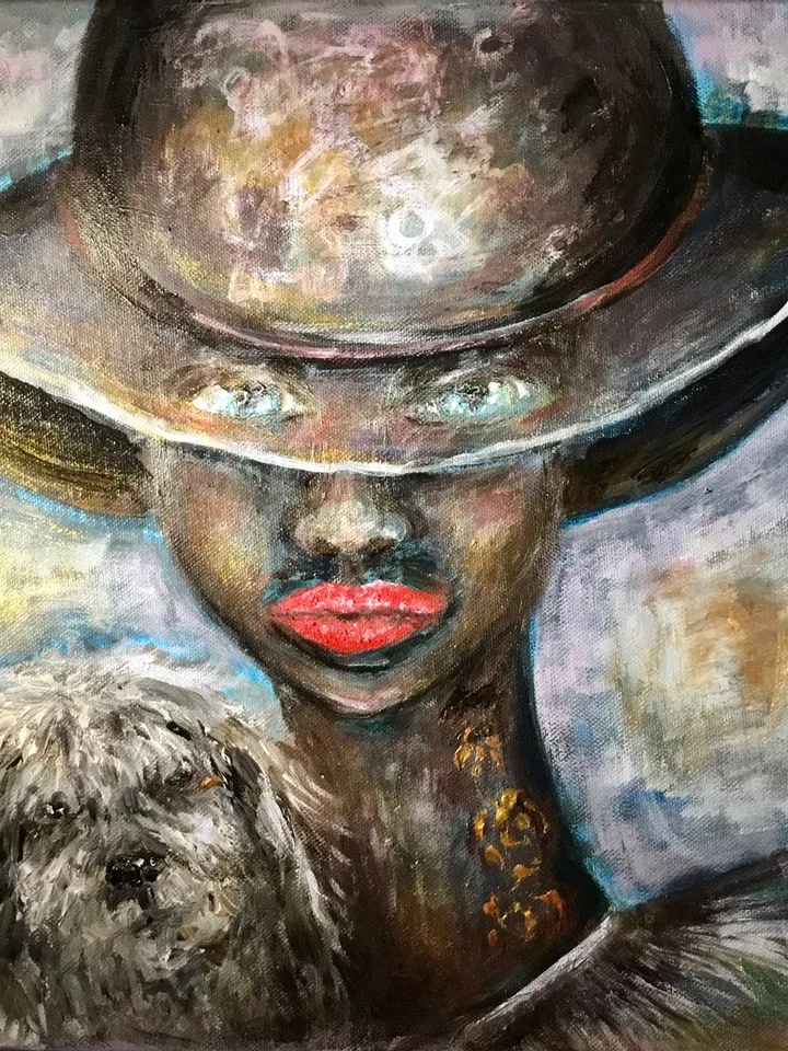 Fantasy woman in a hat with a small dog painting,original acrylic painting on canvas,home decoration wall art, unique gift.