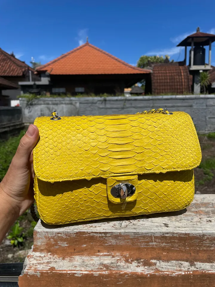 Genuine python skin maxi crossbody yellow bag, summer big chain crossbody, elegant classy crossbody bag genuine leather summer | snakeskin