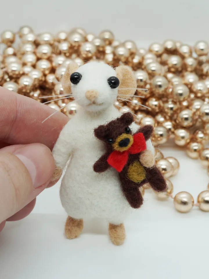 Milo the mouse, miniature needle felted mouse with a Teddy bear toy, made to order