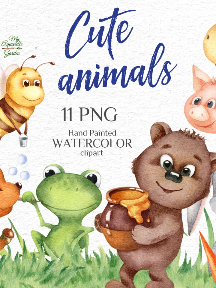 Cute animals, Cartoon characters, Watercolor, PRINTABLE Wall Art, Animals poster, Kids room decor, Nursery decoration, PNG digital download
