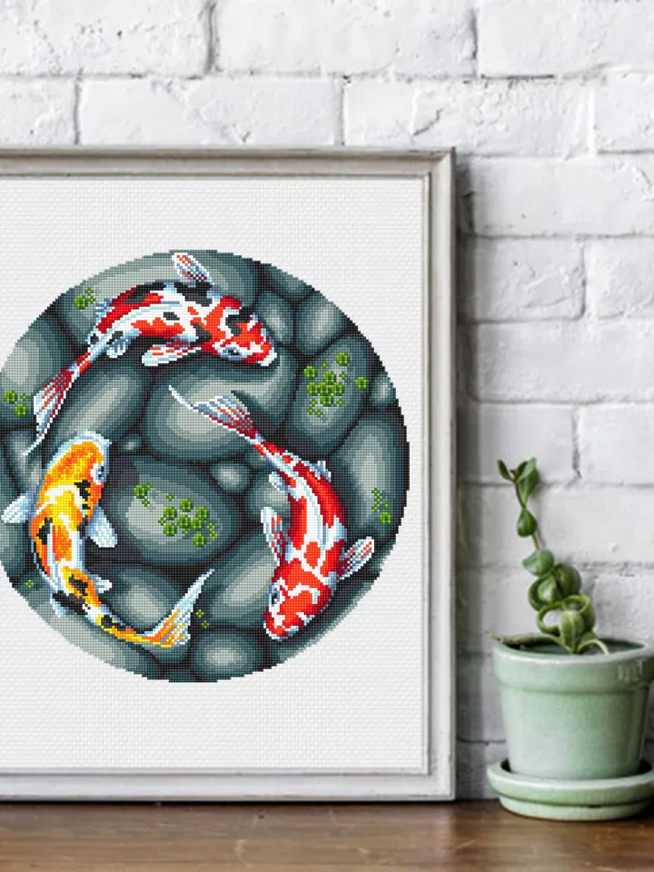 Koi pond cross stitch pattern download PDF, Koi fish cross stitch chart, Fish hand embroidery PDF, Oriental decor, Nature cross stitch #L51