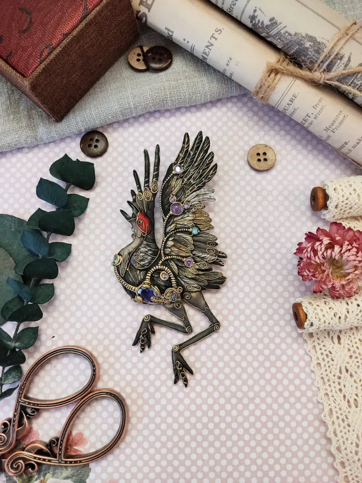 Dancing Crane brooch, bird brooch, crane, bird jewelry, brooch with stones