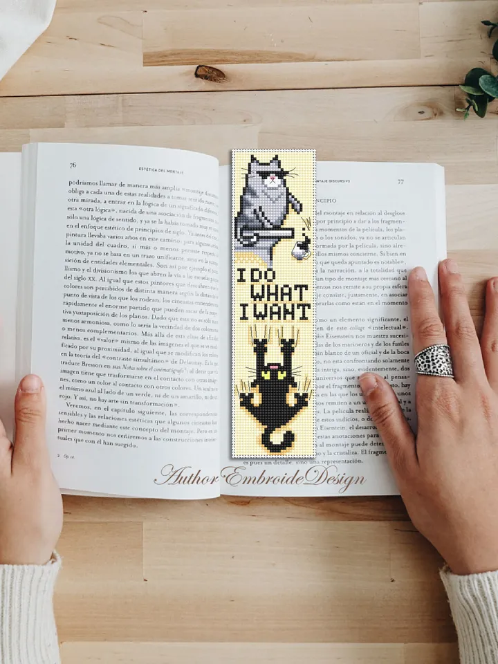 Cat bookmark cross stitch pattern download PDF Black cat cross stitch chart, Funny bookmark digital pattern PDF, Cat quotes embroidery #B322