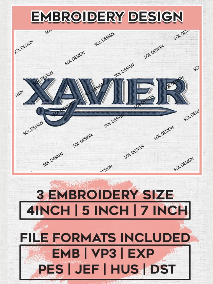 NCAA Xavier College Team Sword Logo Embroidery Design Files, NCAA Xavier Musketeers Machine Embroidery, NCAA Teams, 3 sizes, NCAA Machine embroidery designs, Digital Download