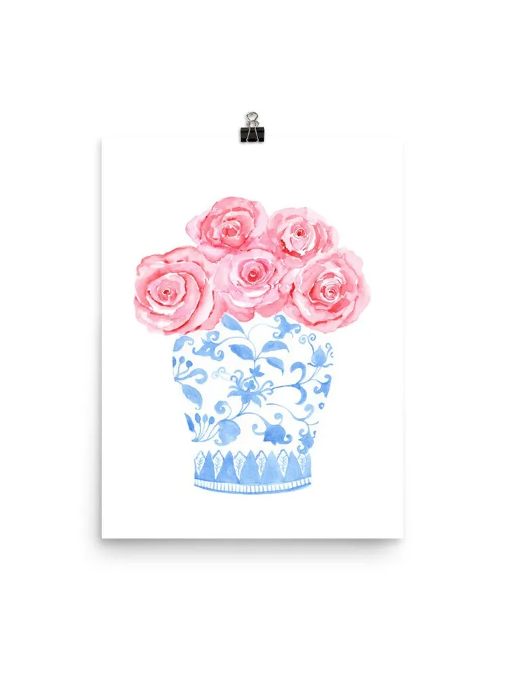 Blue Chinoiserie Vase Pink Rose Print, Watercolor Painting, Porcelain Giclee, Ginger Jar, Hampton Style Decor, Gift For Her, Blue And White