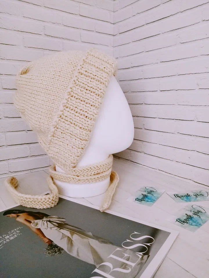 Warm Knitted Cap with Long Ties Handmade