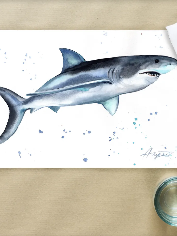 Shark Original watercolor, fish painting, wall decor, 8x11 in hand-painted watercolor art by Anne Gorywine