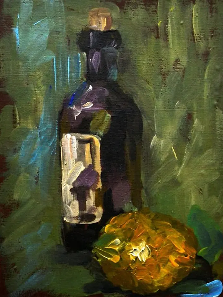 Wine Painting Lemon Original Impasto Painting Wine Bottle Art