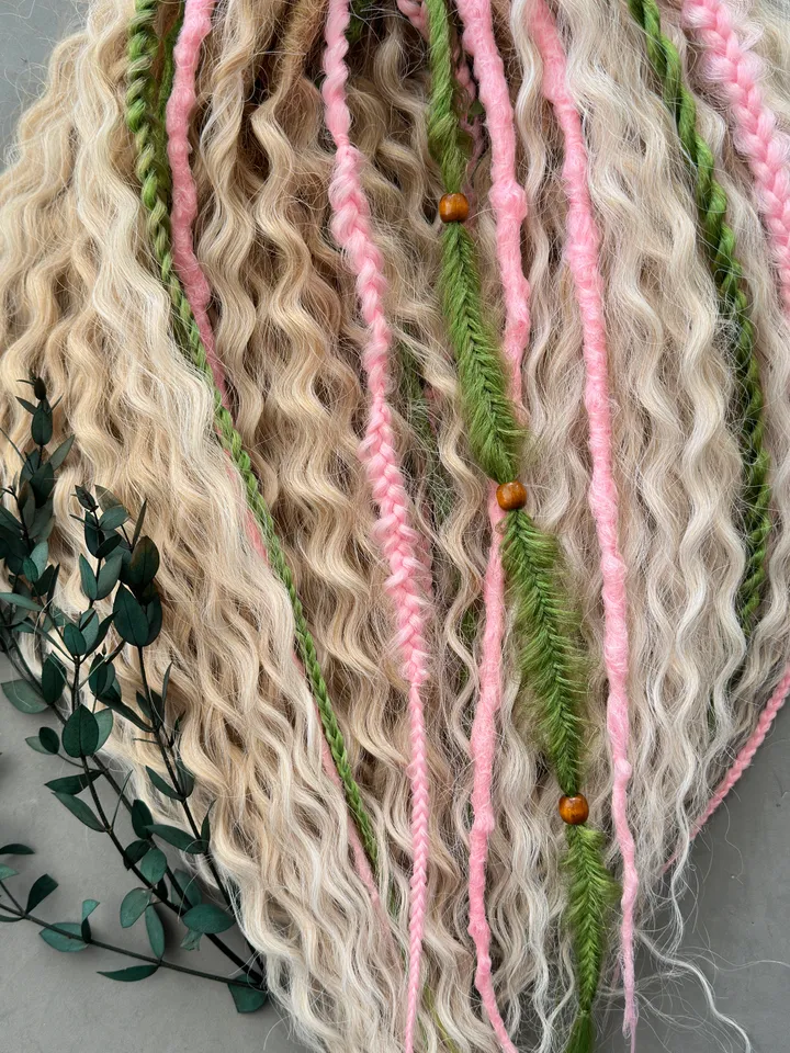 Curly dreads, green dreads, pink braids