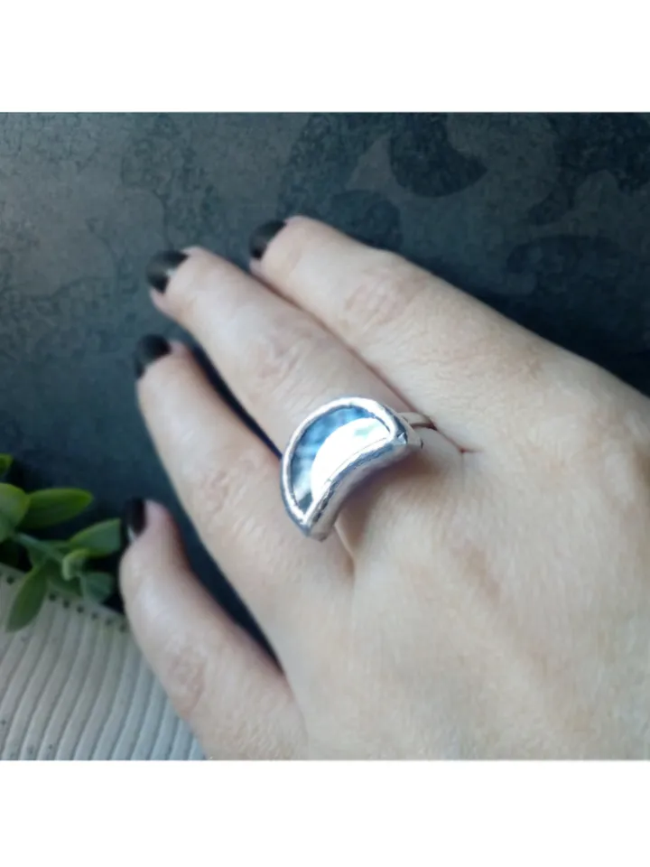 Mirror crescent ring, moon ring, stained glass ring, protection ring, Halloween ring, witchy aesthetic, soldered ring