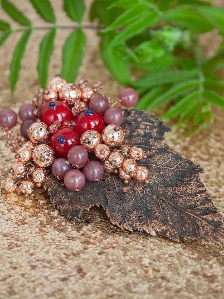 Handmade copper brooch with glass red currant berries - a unique birthday gift for woman - electroforming