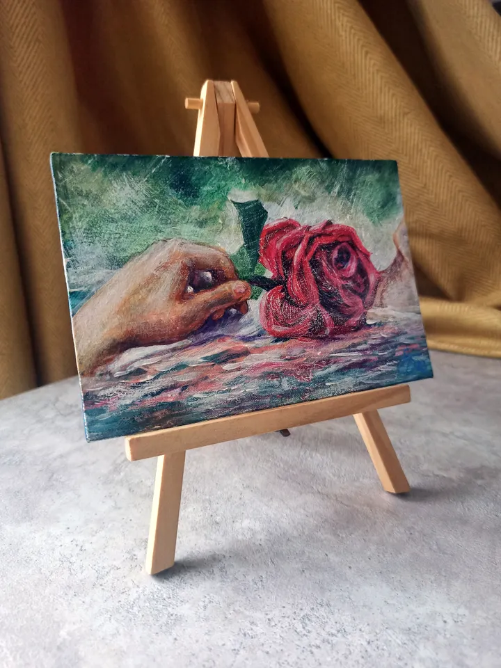 Miniature painting with a red rose in water, Relaxation, Original acrylic painting on cardboard with canvas 10x15cm