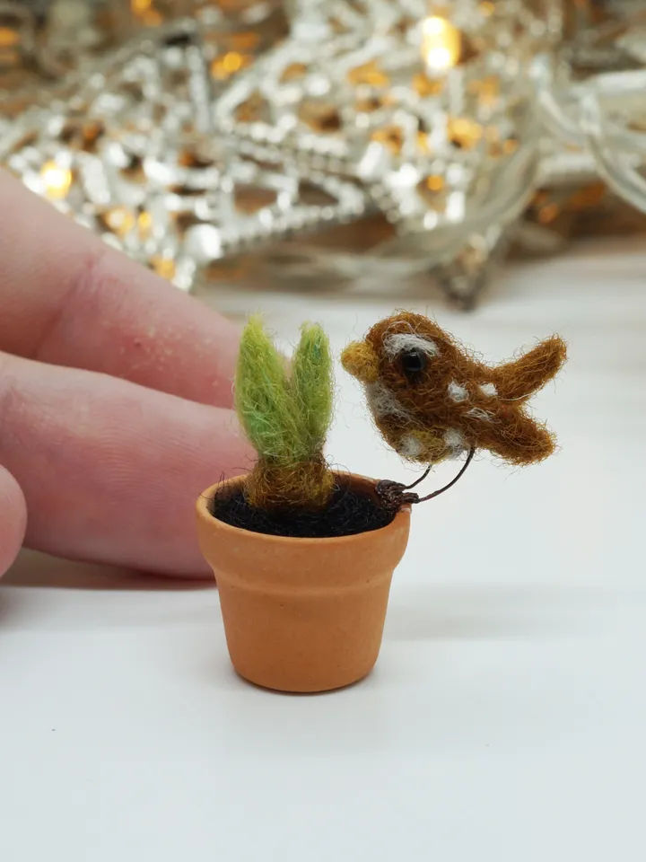 Tiny needle felted wren on a ceramic pot, miniature bird, made to order