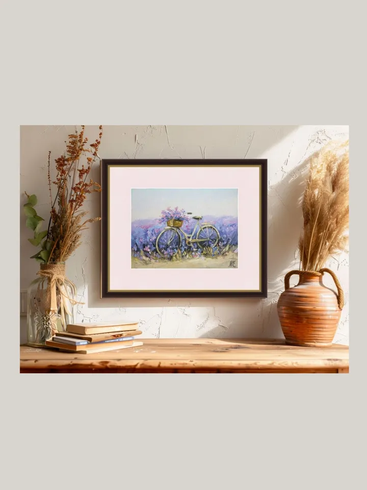 Original Oil Painting Vintage Bicycle with Lavender Home Decor and Inspiration