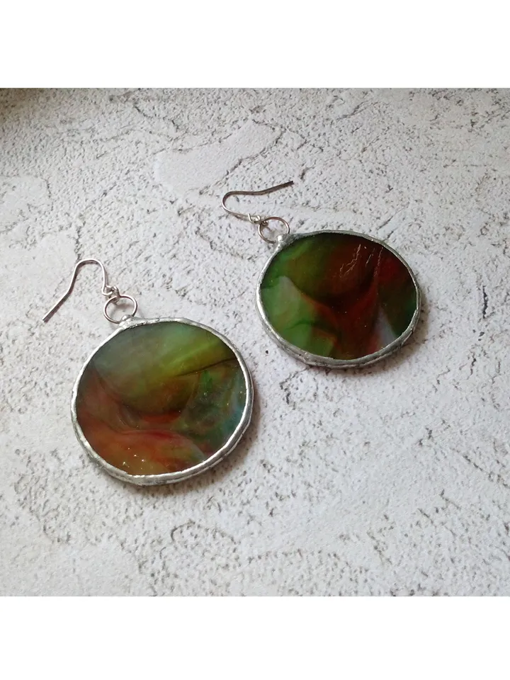 Stained glass green earrings, stainglass cute earrings, Dangle earrings, Geometric earrings, Round stained glass