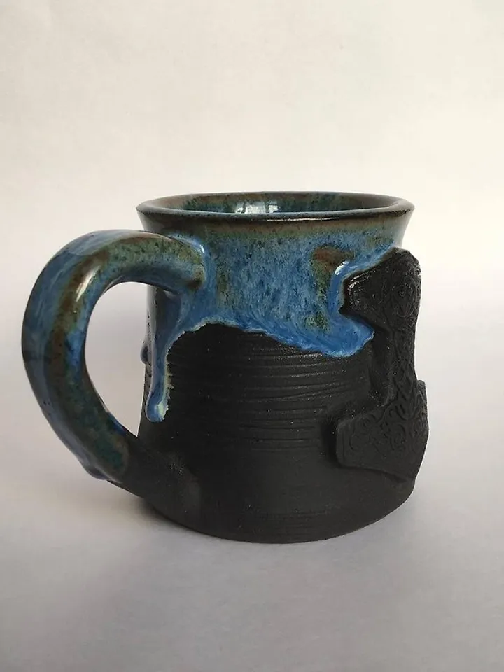 Thor Hammer Mjolnir black and blue dripping stoneware mug