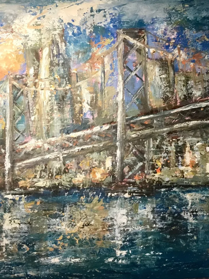 San Francisco at sunset,original oil painting stretched canvas,textured impasto cityscape,USA bridges and cities wall hanging,,large canvas