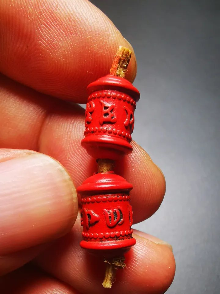 Gandhanra Handmade Antique Tibetan Amulet,Mini Prayer Wheel Bead Pendant for Mala,Made of Cinnabar