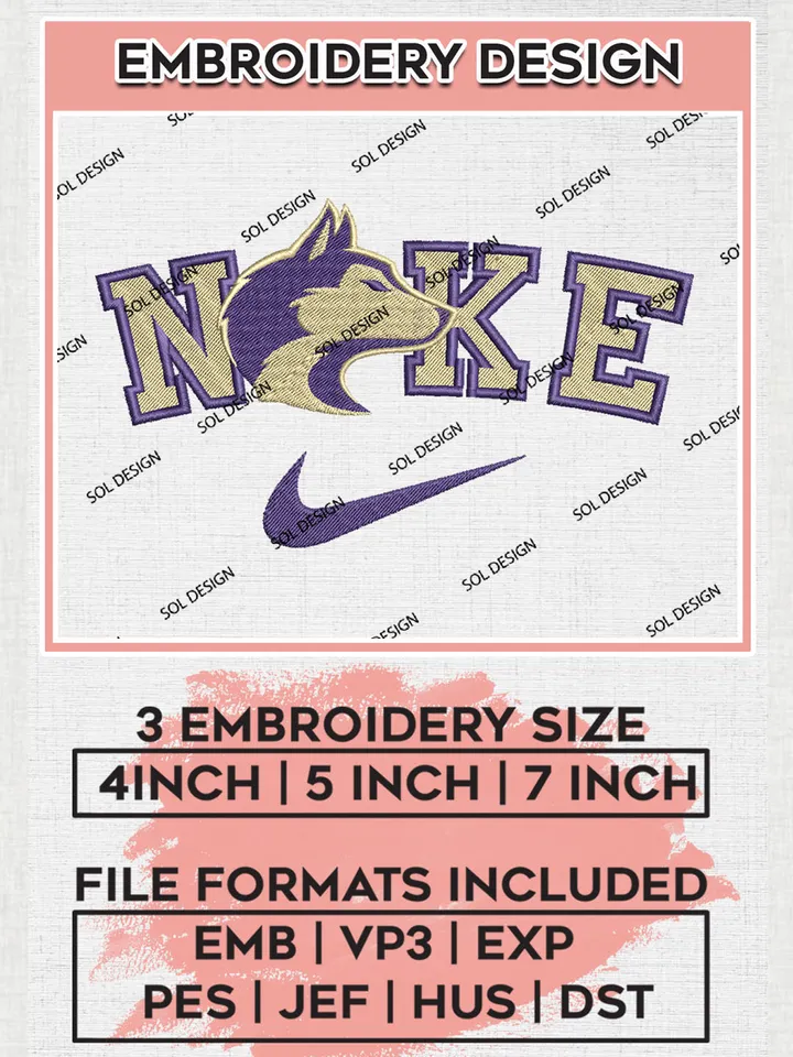 Nike Washington Huskie Machine Embroidery Design, NCAA Washington Huskie Embroidery Design Design files, NCAA Embroidery Designs, NCAA Machine Embroidery Designs, Digital Download