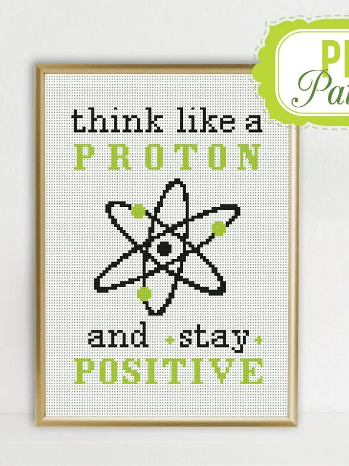 Cross stitch pattern Think like a Proton stay Positive Cross stitch pattern Quote Science Atom PDF Format Instant Download Home decor