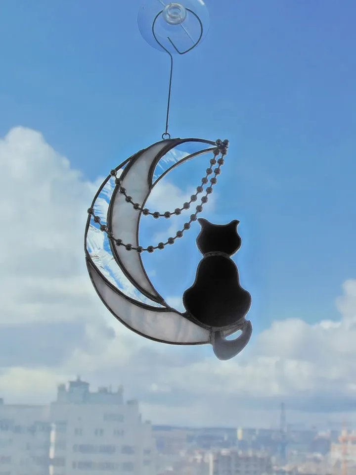 Black Cat On The Moon with Chains . Art stained glass window hanging Suncatcher . Gift for animal lover , pet loss memorial . White , black